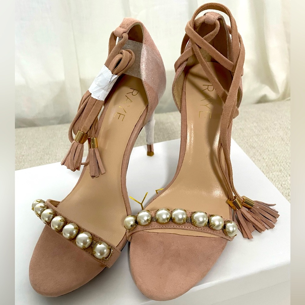 Raye wrap ankle suede 6.5 heel with fringed tassel closure and pearl accents.